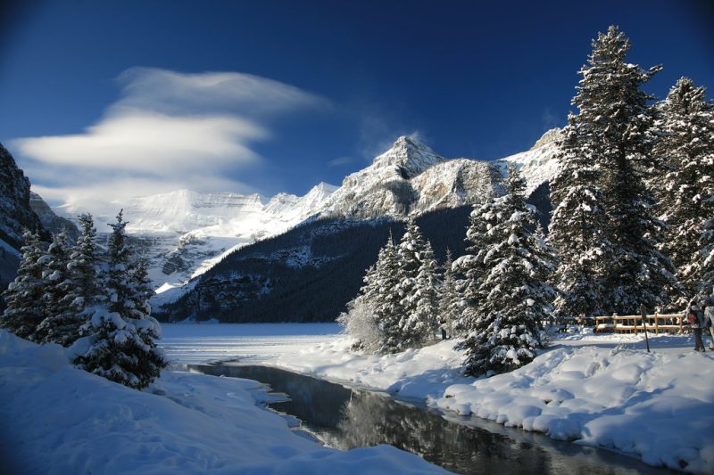 A frozen lake and snow-covered mountains on a clear winter day